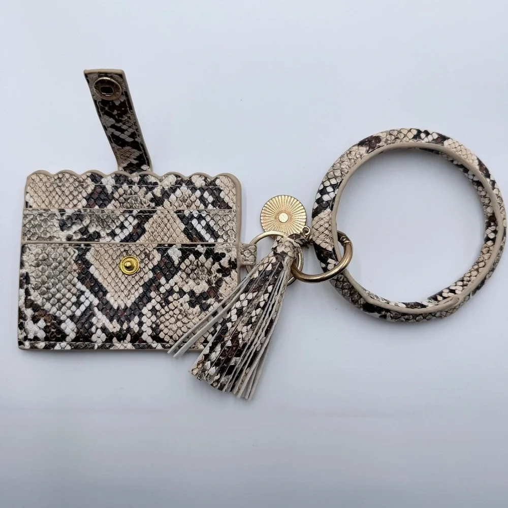 Snakeskin‎ Print Card Holder Keychain Wristlet Bangle Tassel Neutral Tan Brown